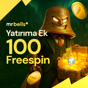 Hazine sandığı, altın paralar ve MrBells karakteriyle süslenmiş 100 freespin bonusu duyurusu; yatırım yapanlara özel kampanya vurgulanıyor.