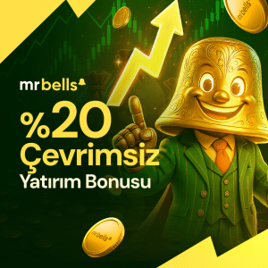 MrBells karakteri, yükselen grafik ve altın paralar eşliğinde %20 çevrimsiz yatırım bonusu kampanyasını tanıtan yeşil ve sarı temalı reklam görseli.