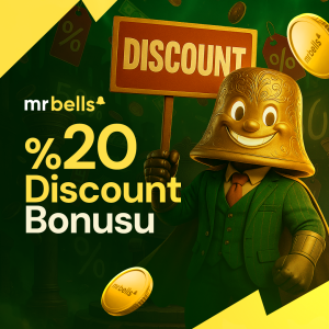MrBells karakteri elinde “Discount” yazılı tabela ile %20 discount yatırım bonusu promosyonunu anlatan kampanya görseli.