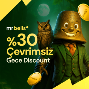 Baykuşla birlikte MrBells karakteri, gece manzarasında %30 çevrimsiz gece discount bonusunu tanıtan kampanya görseli.