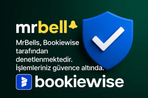 MrBells ve Bookiewise logoları ile birlikte güvenlik kalkanı ve onay simgesi; MrBells işlemlerinin Bookiewise tarafından denetlendiğini gösteren bilgilendirme.