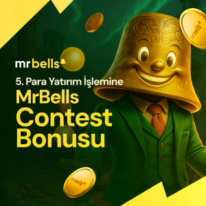 MrBells karakteri altın paralarla dolu sahnede 5. yatırım işlemi sonrası verilen contest bonusunu tanıtan reklam görseli.